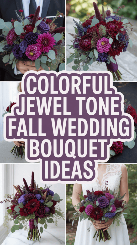 Collage of vibrant jewel-toned fall wedding bouquets with deep reds, purples, and greenery, centered text reads "Colorful Jewel Tone Fall Wedding Bouquet Ideas".