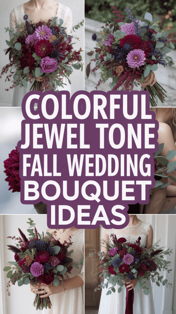 A collage of vibrant fall wedding bouquets in jewel tones, featuring dahlias, roses, and greenery, with overlay text: "Colorful Jewel Tone Fall Wedding Bouquet Ideas."