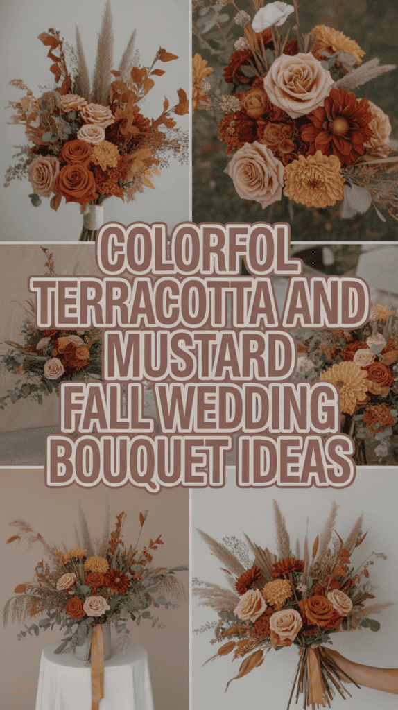Collage of terracotta and mustard floral arrangements for fall weddings, featuring roses, daisies, and pampas grass.