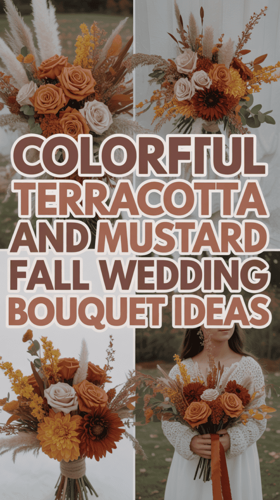 Wedding bouquets with terracotta and mustard flowers, featuring roses, dahlias, and pampas grass.