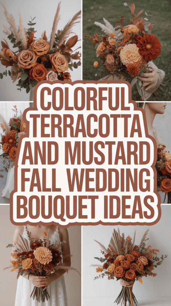 Collage of fall wedding bouquets in terracotta and mustard tones, featuring roses, dahlias, and pampas grass.