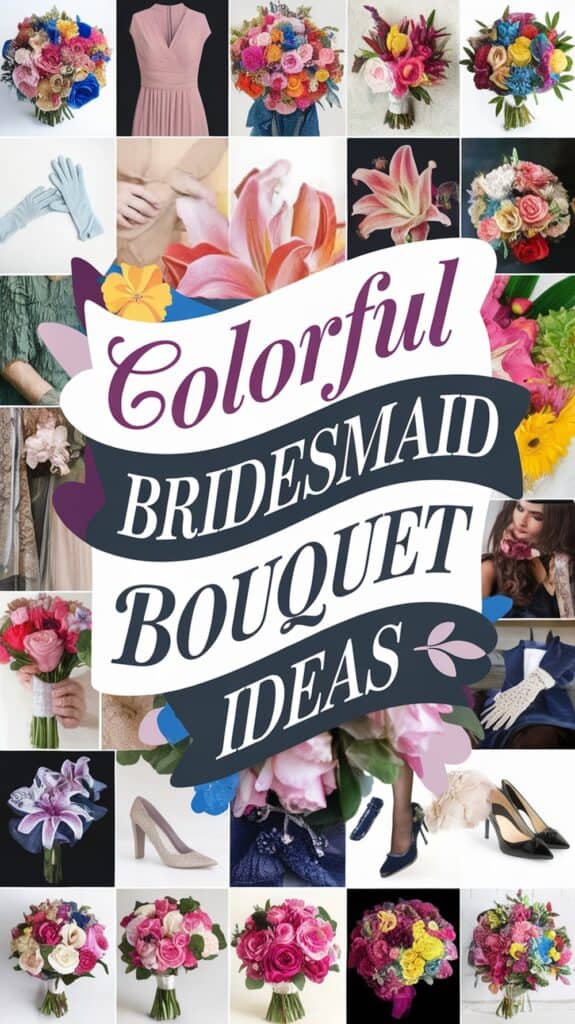 Collage of colorful bridesmaid bouquets and accessories, with text reading "Colorful Bridesmaid Bouquet Ideas."
