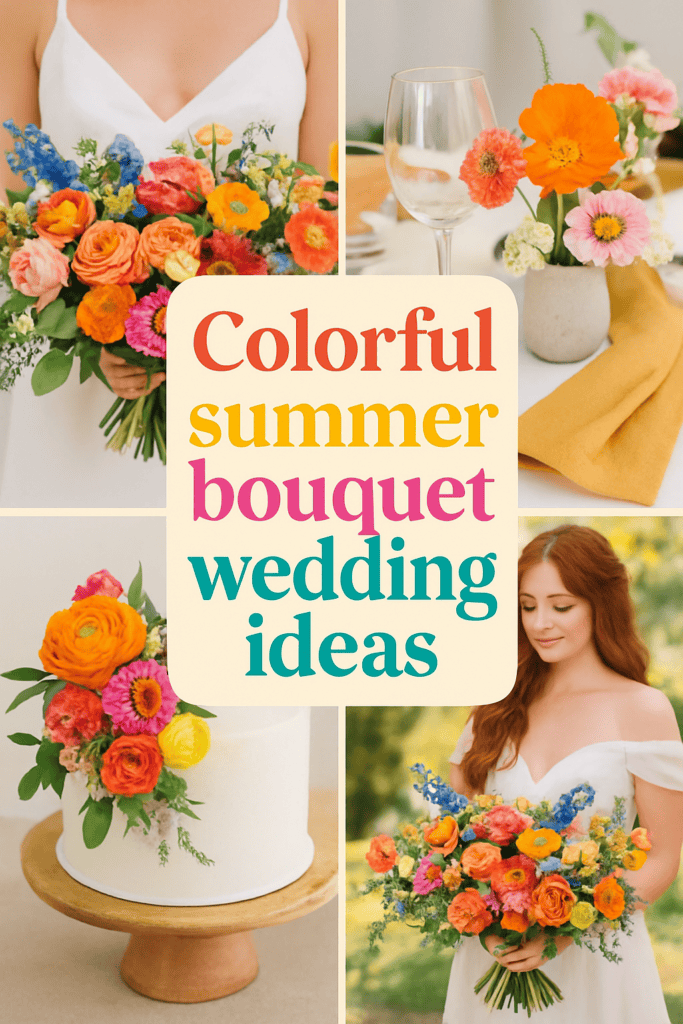A variety of colorful summer floral arrangements showcased in a wedding setting with vibrant flowers and table decor.