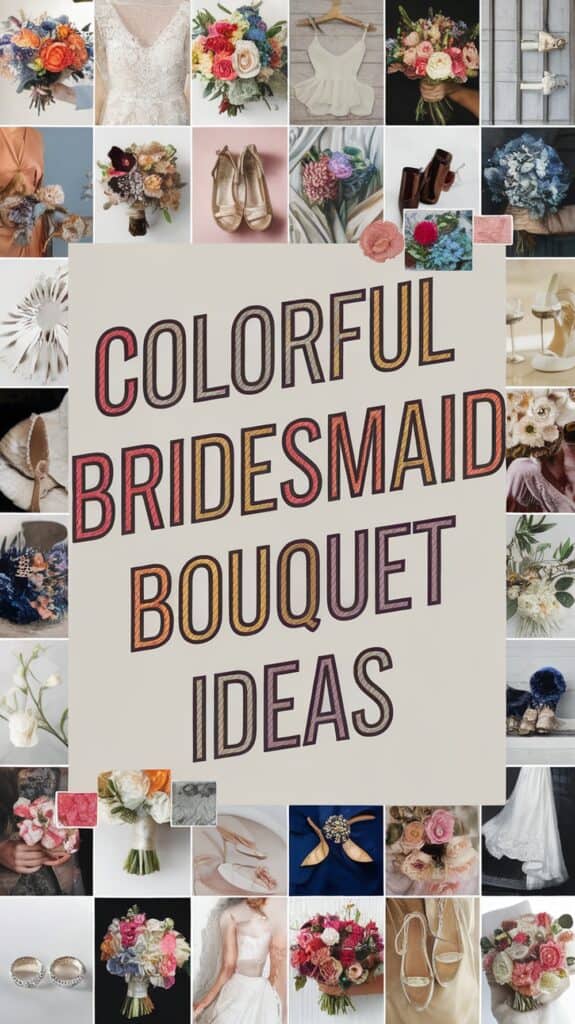 Collage of colorful bridesmaid bouquets and accessories with the text "Colorful Bridesmaid Bouquet Ideas" in the center.