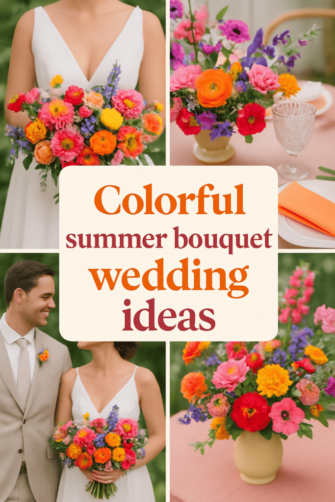 Collage of vibrant summer wedding bouquets with various flowers and colors, featuring a couple holding a bouquet.