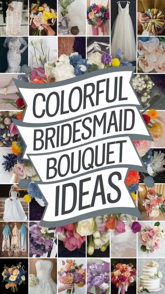 Collage of vibrant bridal bouquets and wedding dresses with "Colorful Bridesmaid Bouquet Ideas" text.