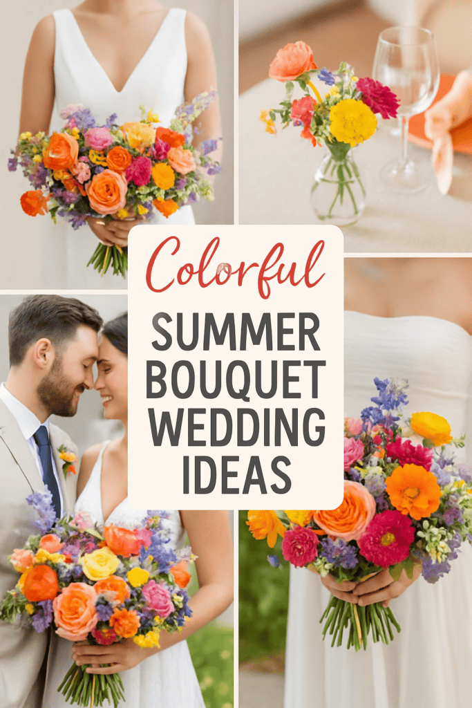 A couple in wedding attire holding a vibrant summer bouquet, surrounded by close-ups of colorful floral arrangements.