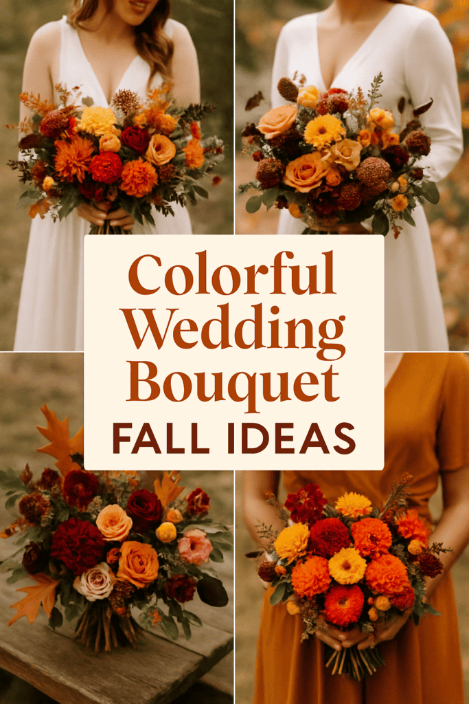 Four fall-themed wedding bouquets with vibrant orange, red, and yellow flowers, surrounding the text "Colorful Wedding Bouquet Fall Ideas."
