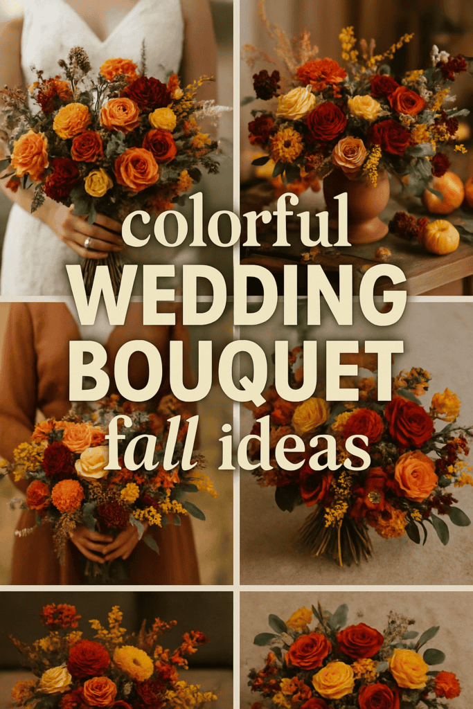 Collage of vibrant fall-themed wedding bouquets with roses and autumn florals, alongside text: "Colorful Wedding Bouquet Fall Ideas."