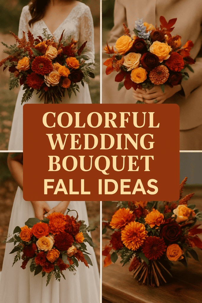 Collage of vibrant fall wedding bouquets with marigold, rust, and burgundy flowers, centered on a "Colorful Wedding Bouquet Fall Ideas" text.