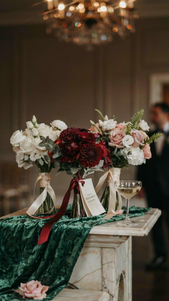 Bouquets of red, white, and pink flowers with ribbons on a marble surface, next to a champagne glass under a chandelier.