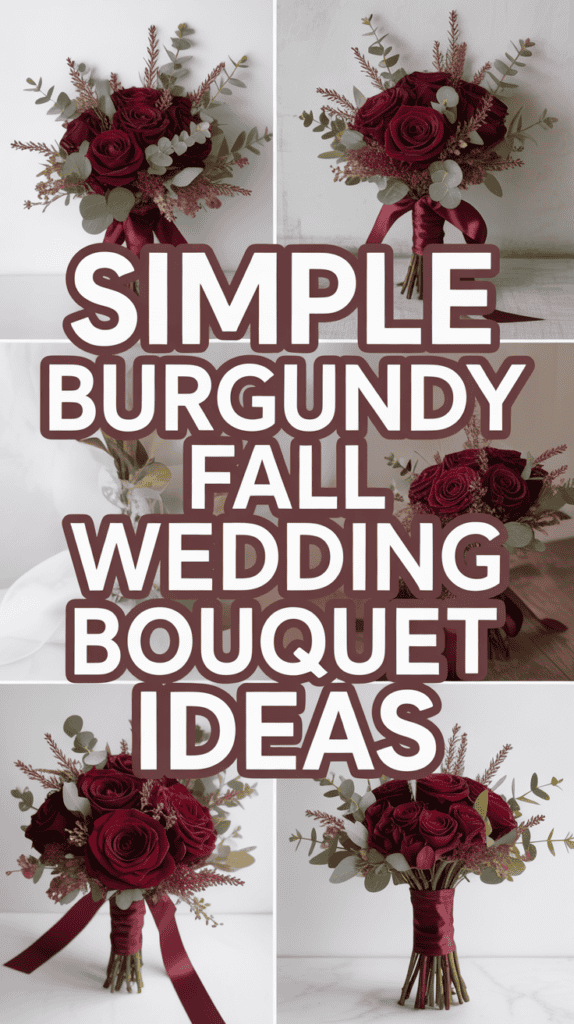 Collage of burgundy rose bouquets with greenery, accompanied by the text "Simple Burgundy Fall Wedding Bouquet Ideas."
