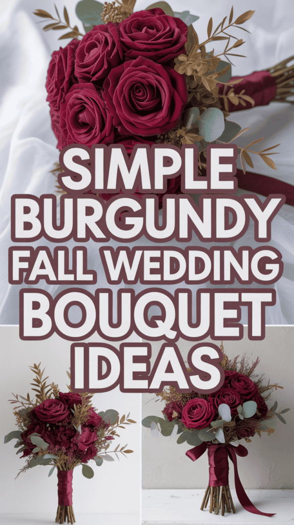 Burgundy rose bouquet with eucalyptus and text: "Simple Burgundy Fall Wedding Bouquet Ideas."