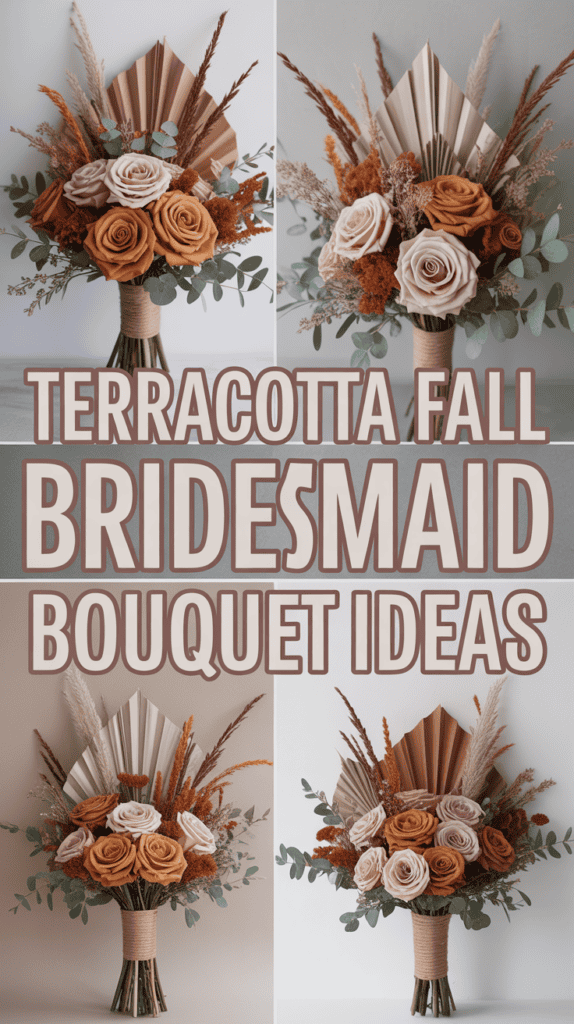 Terracotta-themed bridesmaid bouquets with roses and dried foliage arranged in a scenic layout.