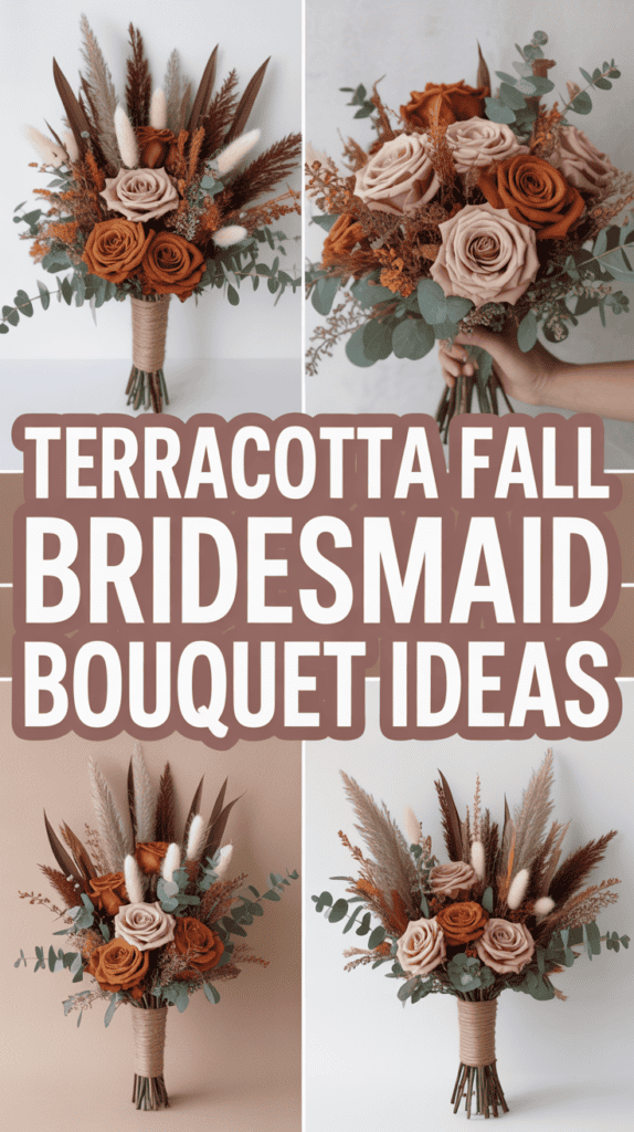 Four terracotta-themed bridesmaid bouquets with roses, pampas grass, and eucalyptus, shown against neutral backgrounds.
