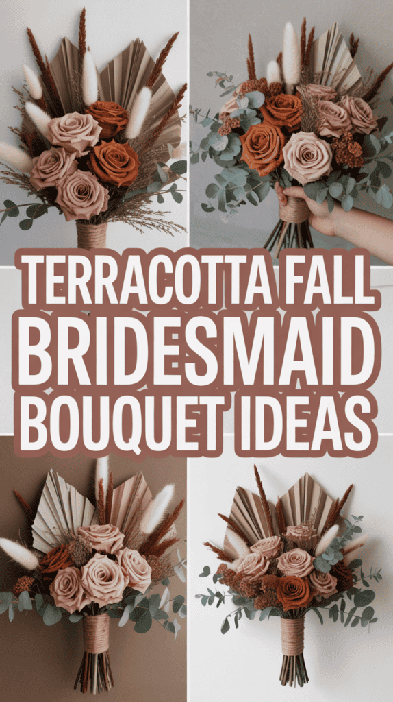 Four bouquets featuring terracotta roses, dried foliage, and pampas grass arranged in various styles.