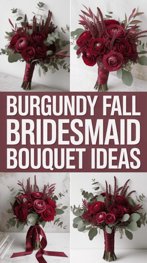 Collage of burgundy fall bridesmaid bouquets with roses, eucalyptus, and decorative foliage.