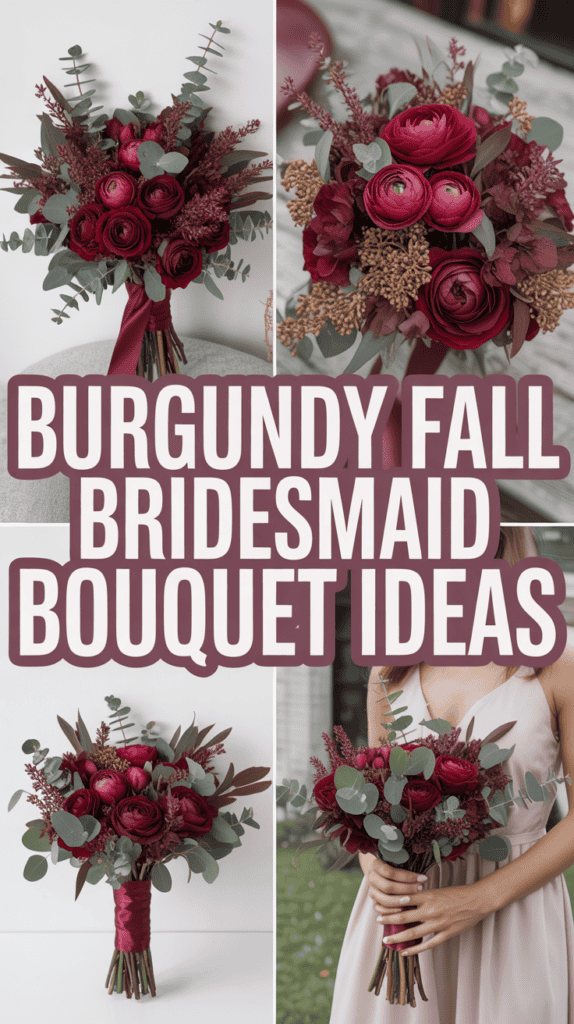 Collage of burgundy bridesmaid bouquets with roses and eucalyptus, accompanied by the text "Burgundy Fall Bridesmaid Bouquet Ideas."