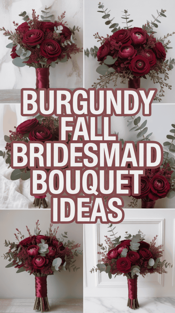 Collage of burgundy-themed bridesmaid bouquets with roses and eucalyptus, featuring the text "Burgundy Fall Bridesmaid Bouquet Ideas."