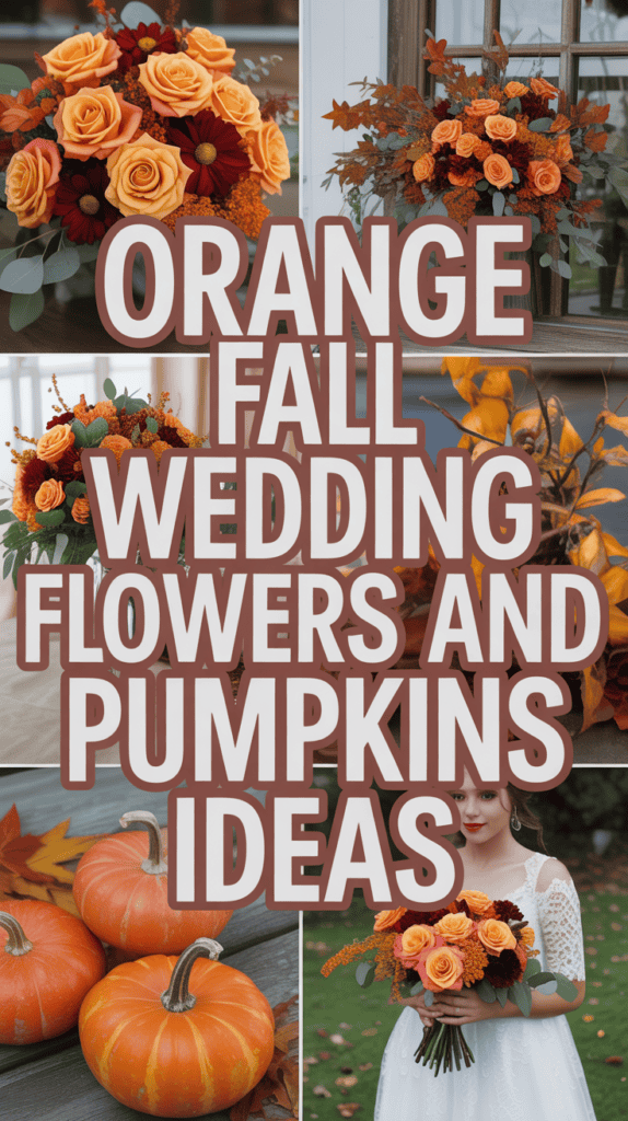 Collage of orange fall wedding flowers, pumpkins, and a bride holding a matching bouquet.
