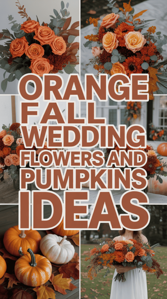 Collage of orange floral arrangements and pumpkins with text: "Orange Fall Wedding Flowers and Pumpkins Ideas."