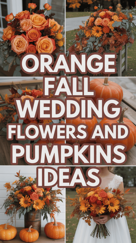 Collage of orange flowers, pumpkins, and wedding floral arrangements with text: "Orange Fall Wedding Flowers and Pumpkins Ideas."