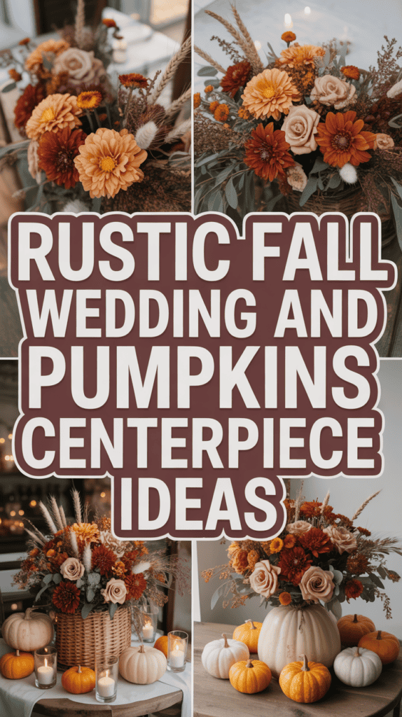 Autumn floral centerpieces with pumpkins, displaying rustic fall wedding decoration ideas.