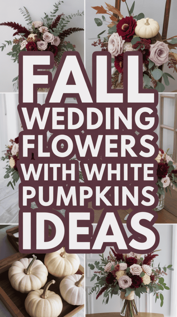 Fall wedding floral arrangements with white pumpkins, featuring roses, greenery, and autumnal accents.