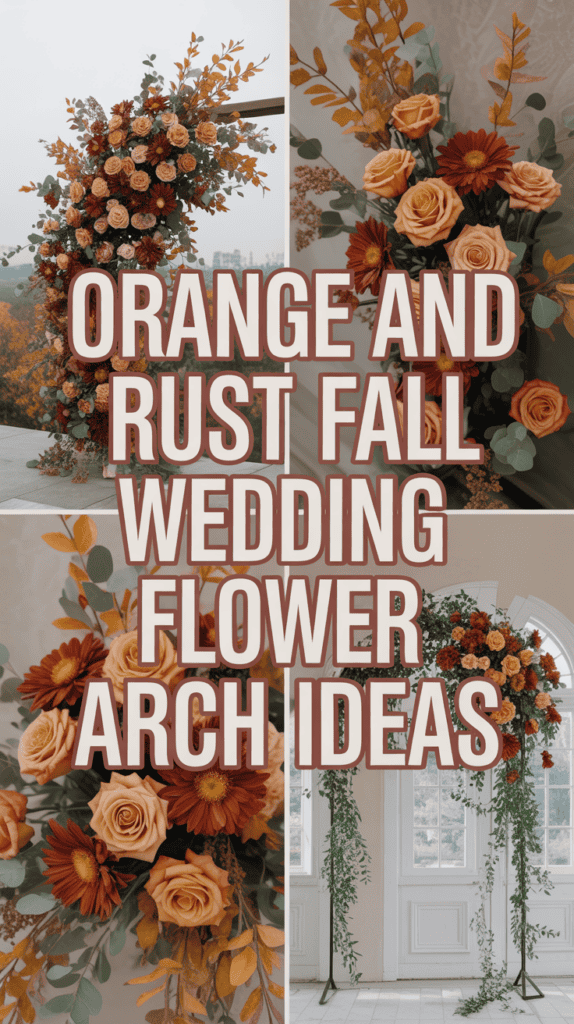 Collage of orange and rust flower arches with roses and greenery, featuring bold text about fall wedding flower ideas.