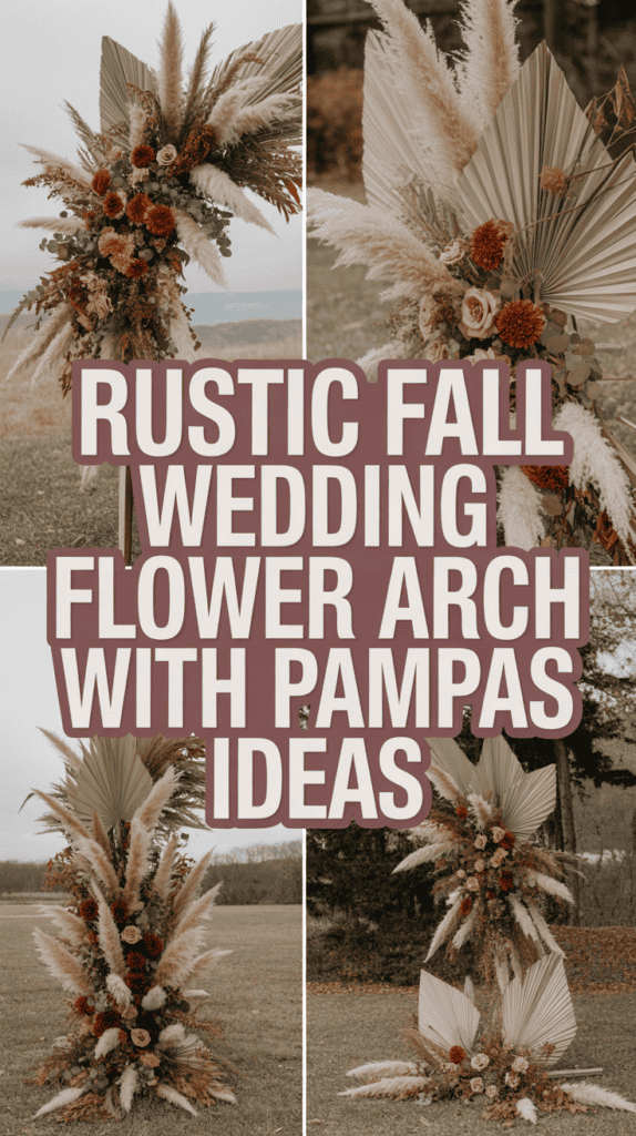 Rustic fall wedding flower arch with pampas grass and autumn-colored blooms in an outdoor setting.