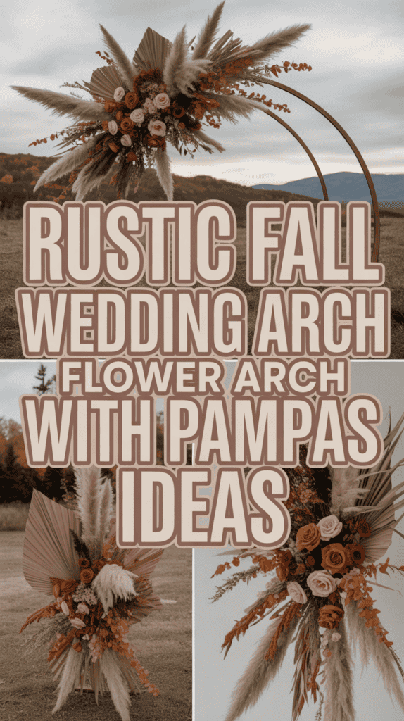 A rustic wedding arch decorated with pampas grass and orange roses, set outdoors in a fall landscape with large text overlay.