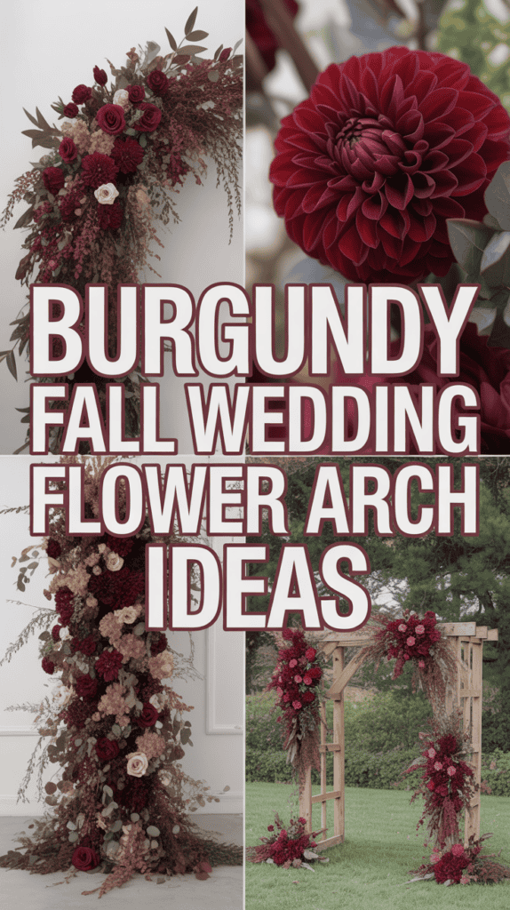 Collage featuring burgundy flower arrangements on wedding arches with the text "Burgundy Fall Wedding Flower Arch Ideas."