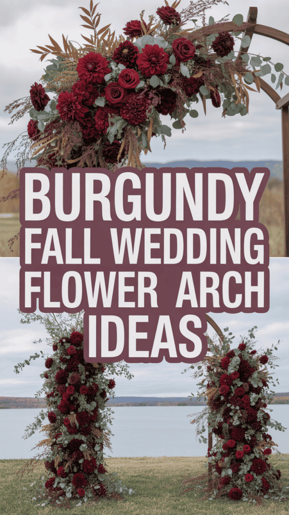 A wedding flower arch decorated with burgundy flowers and fall foliage, set by a lake.