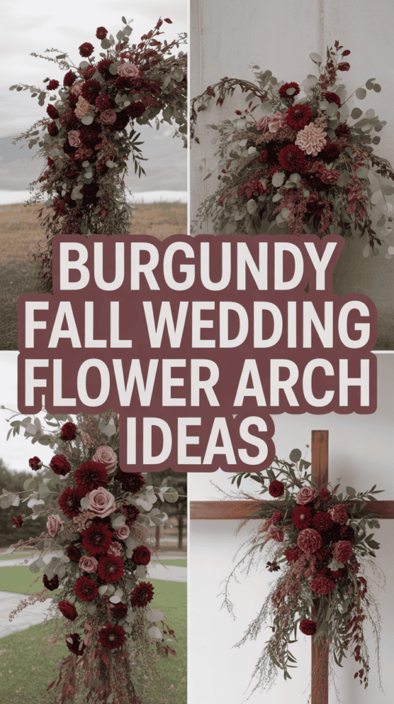 Collage of burgundy flower arches with text: "Burgundy Fall Wedding Flower Arch Ideas."