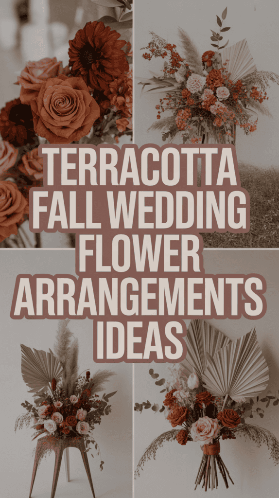 Terracotta-themed fall flower arrangements with roses, pampas grass, and rustic accents displayed.
