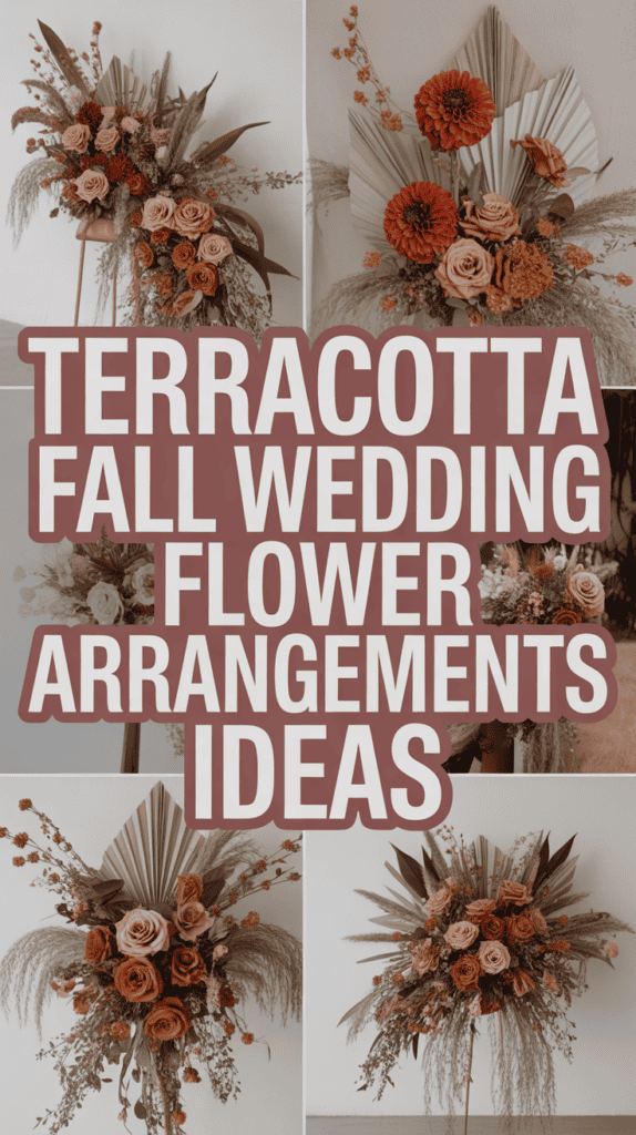 Collage of terracotta and cream floral arrangements with text reading "Terracotta Fall Wedding Flower Arrangements Ideas."