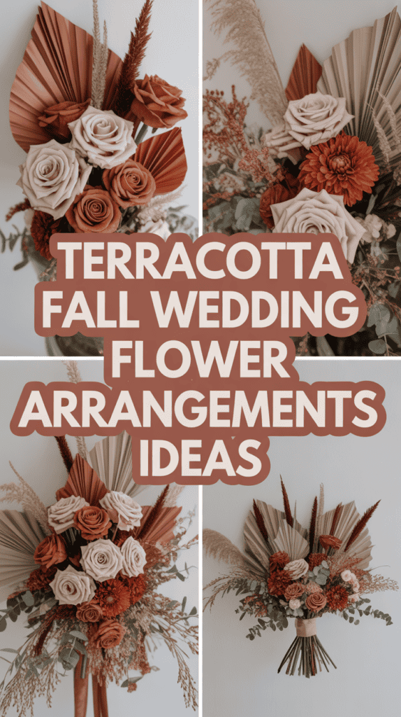 Collage of terracotta-themed fall wedding flower arrangements with roses and dried foliage.
