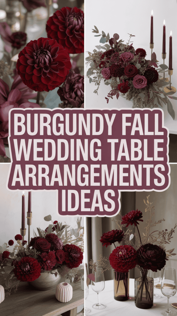 Collage of burgundy fall floral arrangements with candles on wedding tables.