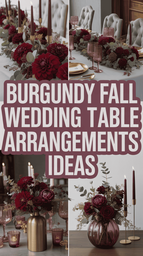 Floral arrangements in burgundy hues on a wedding table, with text reading "Burgundy Fall Wedding Table Arrangements Ideas."