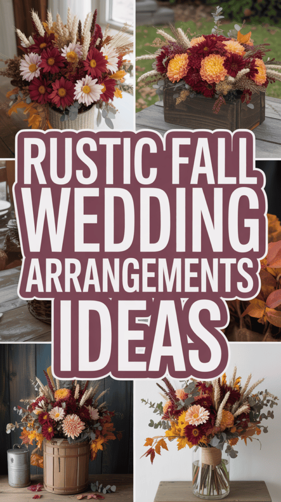 Collage of rustic fall wedding floral arrangements with text: "Rustic Fall Wedding Arrangements Ideas."