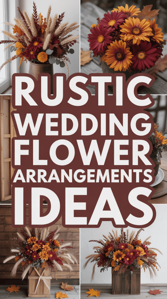 Collage of rustic flower arrangements with text: "Rustic Wedding Flower Arrangement Ideas."