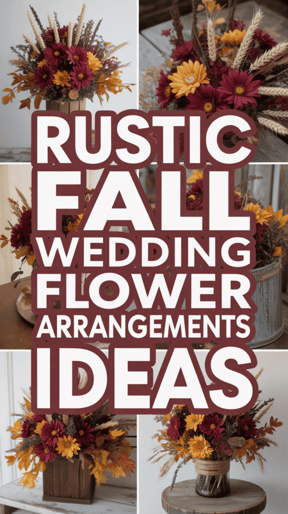 Collage of autumn-themed floral arrangements with text "Rustic Fall Wedding Flower Arrangements Ideas."