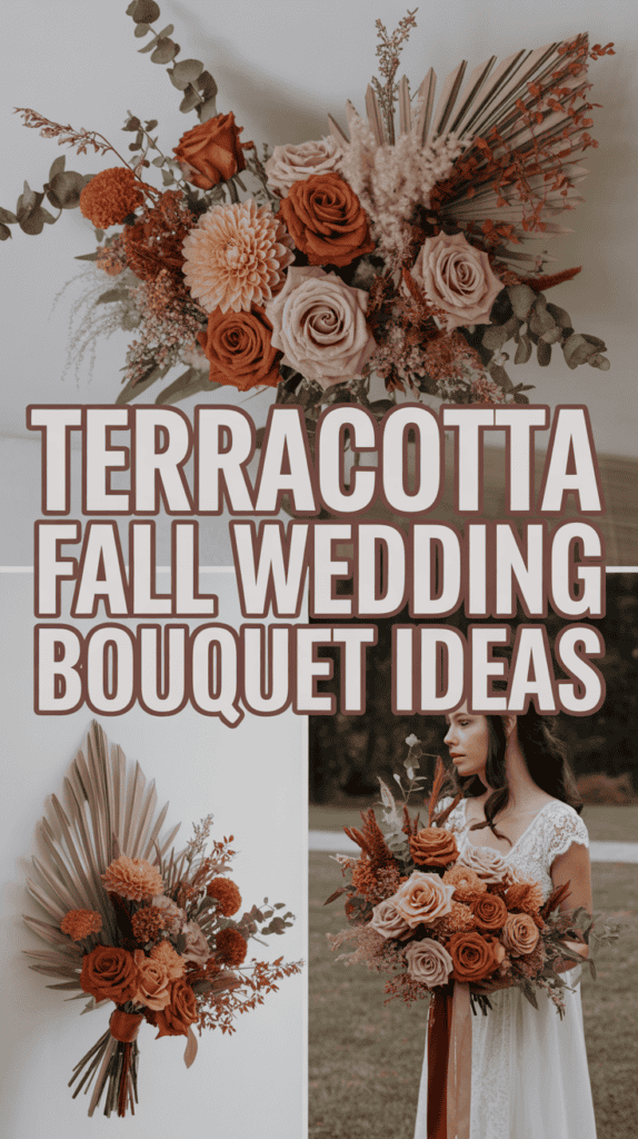 A terracotta-themed fall wedding bouquet with roses, chrysanthemums, and dried leaves alongside text promoting bouquet ideas.