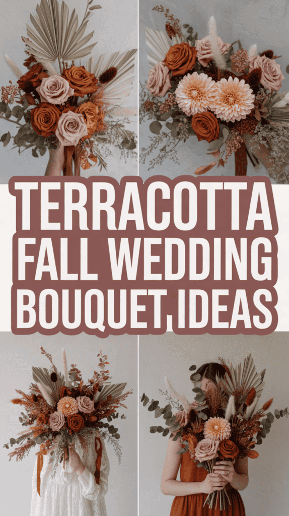 Four bouquets with terracotta and blush flowers, pampas grass, and foliage arranged with a central text, "Terracotta Fall Wedding Bouquet Ideas."
