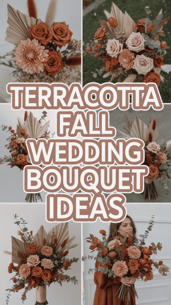 Collage of rustic fall wedding bouquets with terracotta roses and dried foliage, featuring text "Terracotta Fall Wedding Bouquet Ideas."