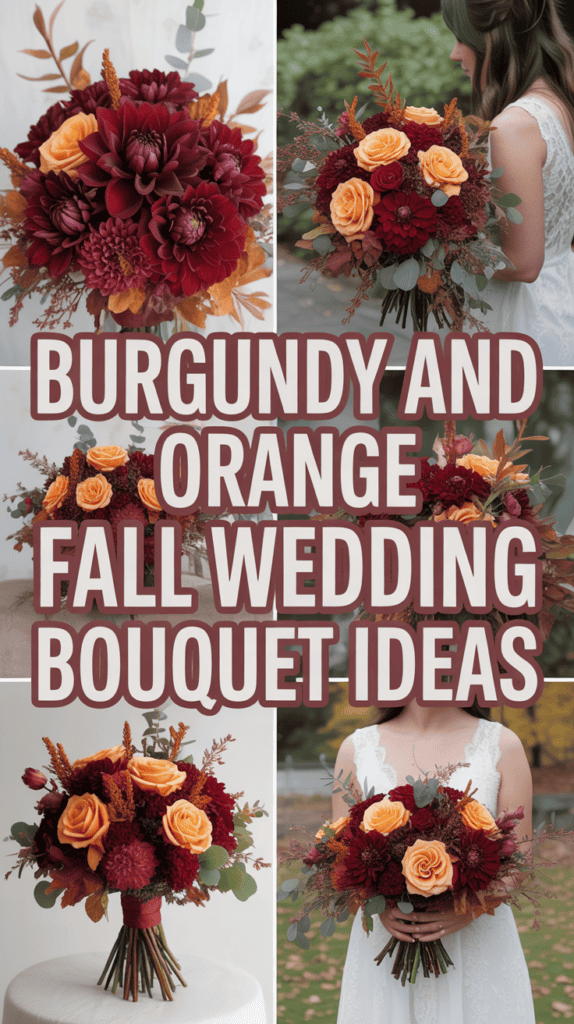 Various fall wedding bouquets featuring burgundy and orange flowers displayed alongside text about bouquet ideas.
