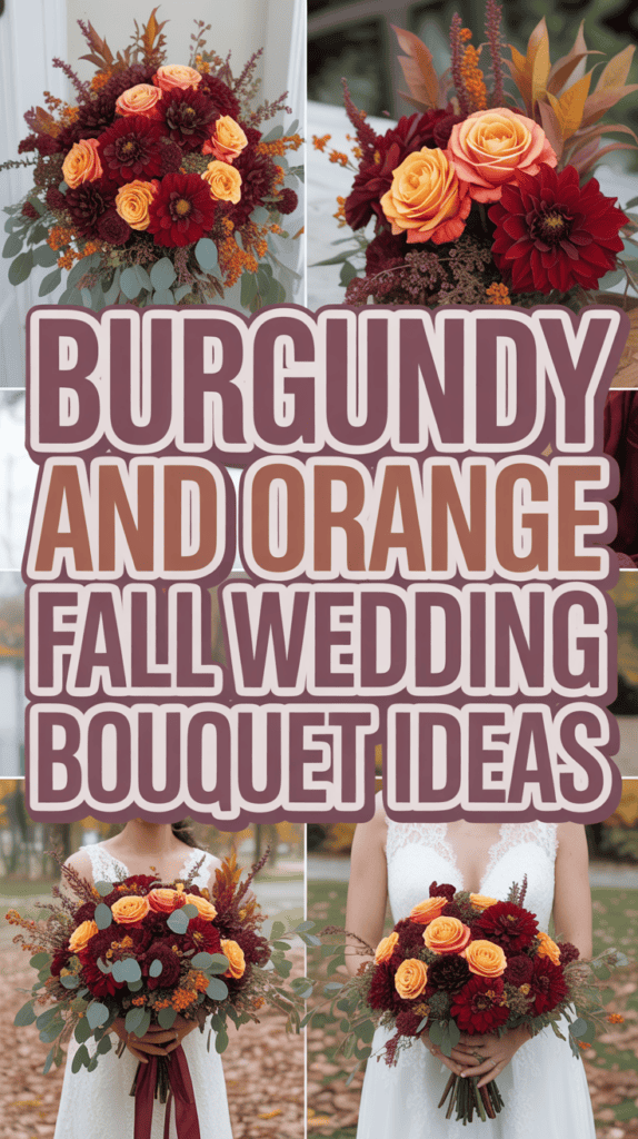 Burgundy and orange wedding bouquets featuring roses, chrysanthemums, and autumn leaves.