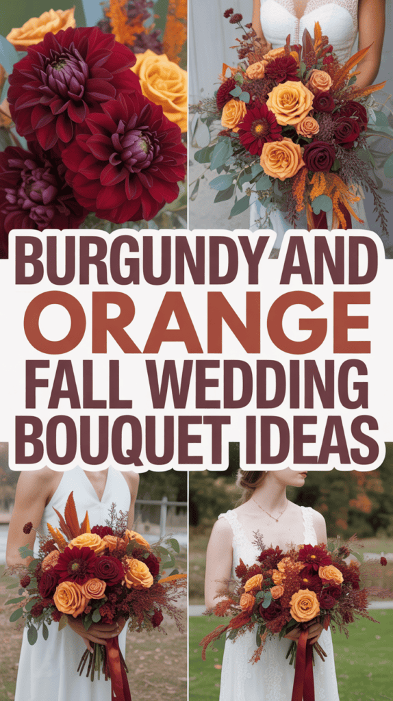 Collage of burgundy and orange fall wedding bouquets with text highlighting bouquet ideas.