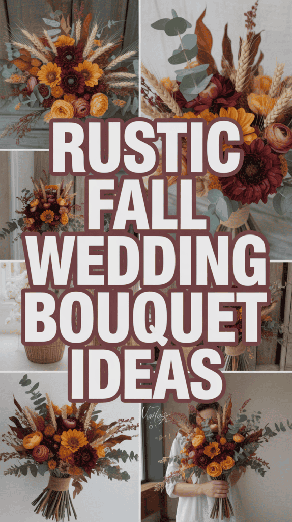 Collage showcasing various rustic fall wedding bouquets with autumnal flowers and foliage.