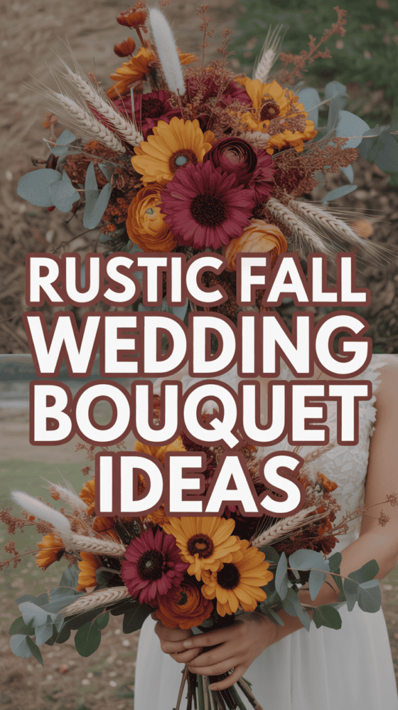 A bride holding a rustic fall bouquet with sunflowers, roses, and eucalyptus, overlaid with text "Rustic Fall Wedding Bouquet Ideas".